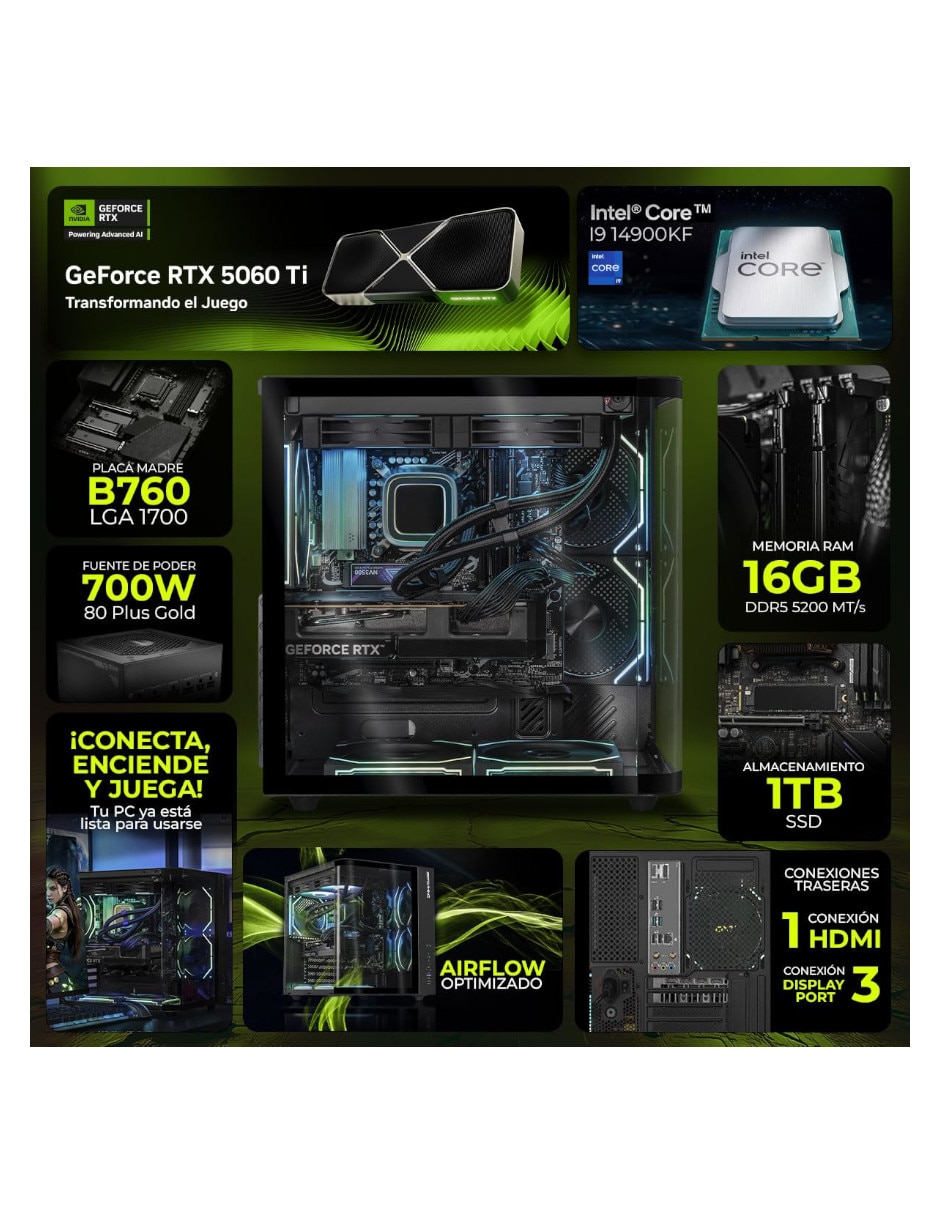 Computadora gamer Dxt Gaming DXTI932GB55060TIT6 Intel Core i9 NVIDIA GeForce RTX 5060 Ti 16 GB RAM 1 TB SSD