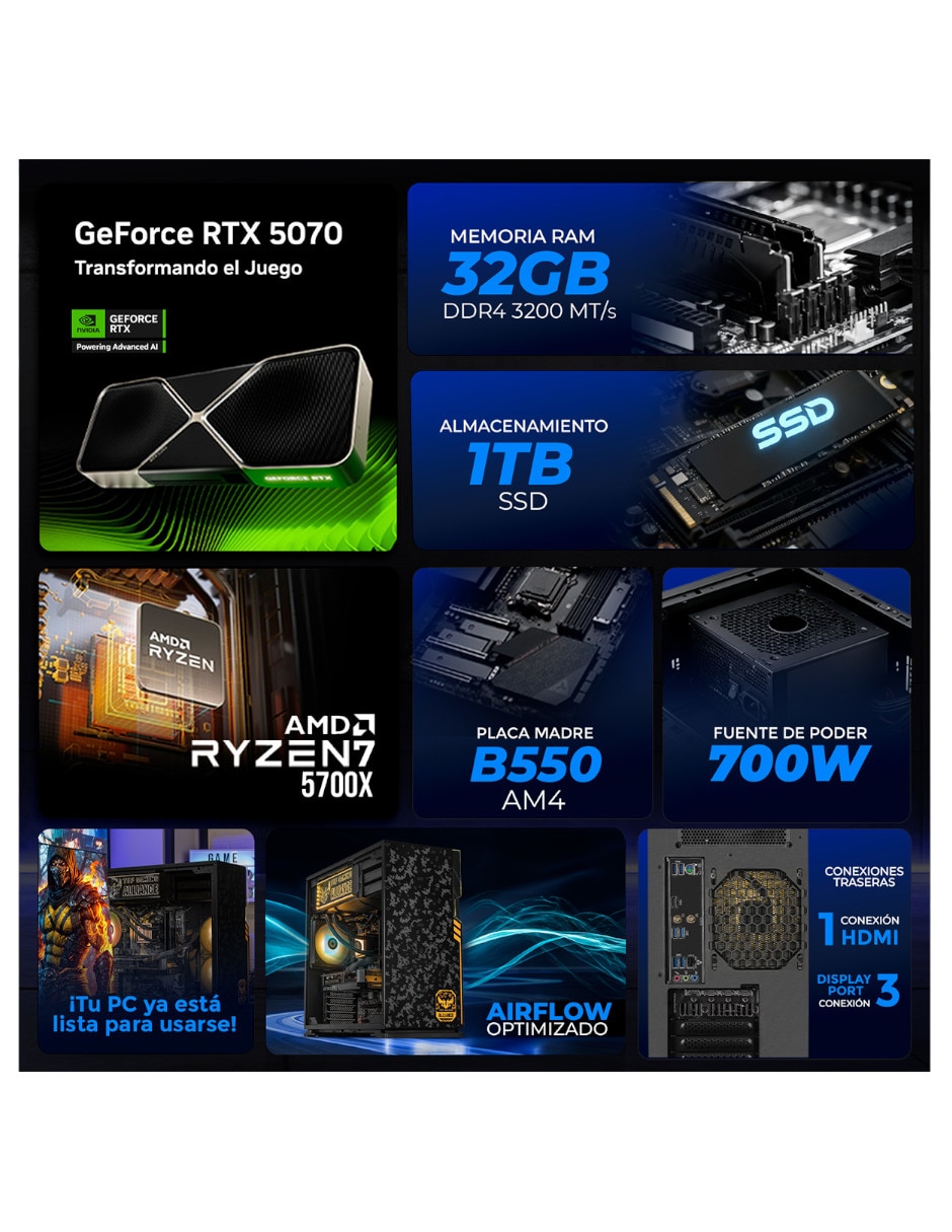 Computadora gamer Xtreme Pc Gaming Xtiwr732Gb3070 Amd Ryzen 7 Nvidia GeForce Rtx 5070 32 Gb Ram 1 Tb Ssd