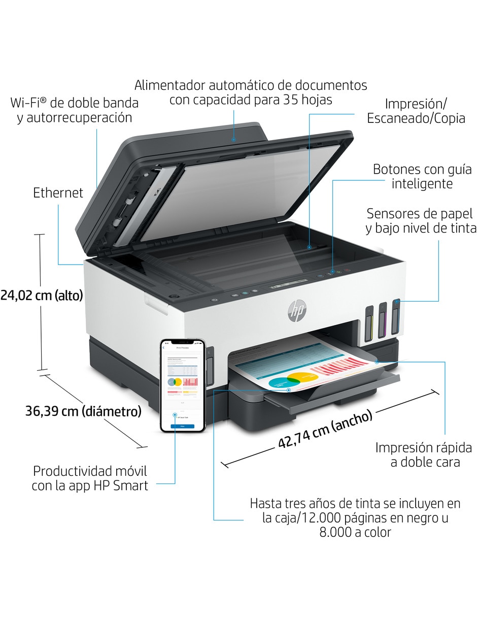 Multifuncional HP Smart Tank 750 de tinta continua alámbrica a color