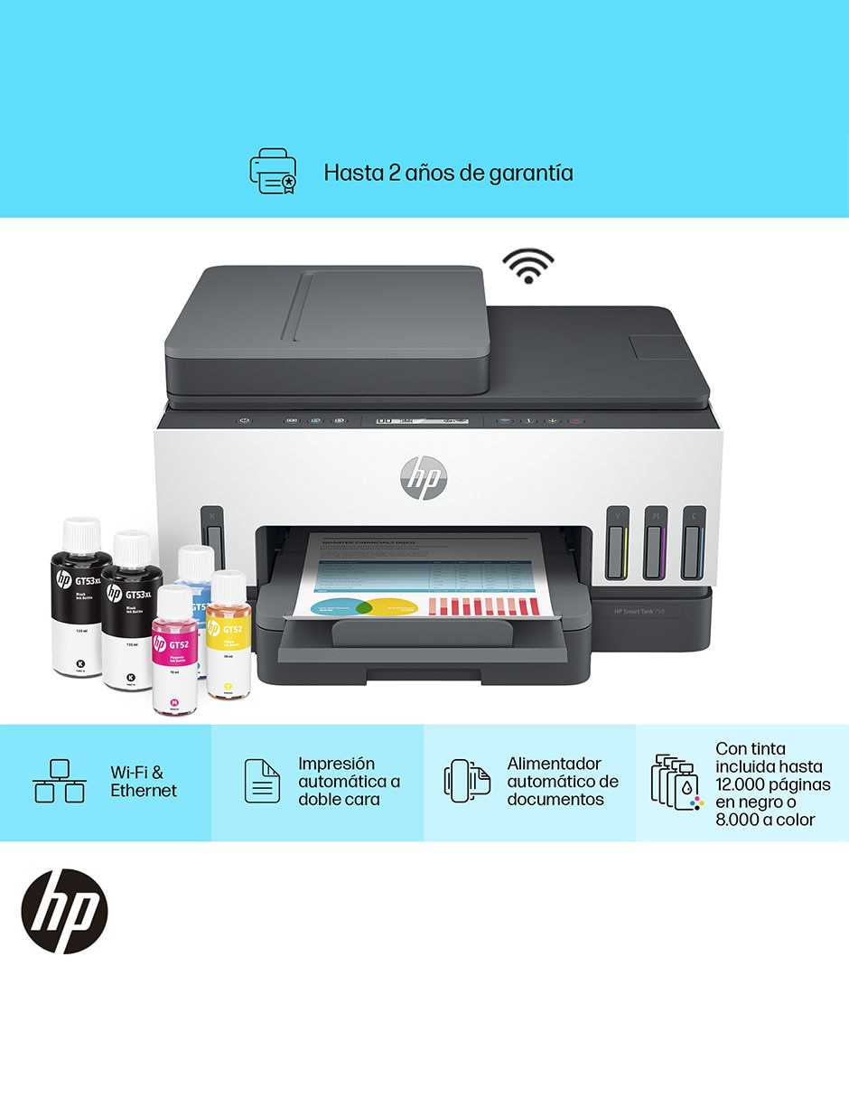 Multifuncional HP Smart Tank 750 de tinta continua alámbrica a color