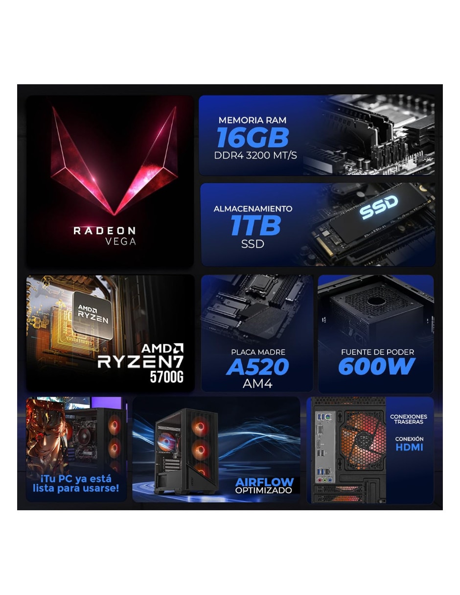 Computadora gamer XTMSIR716GBRENOIRM 24 pulgadas Full HD amd ryzen 7 AMD radeon graphics 16 GB RAM 1 TB SSD