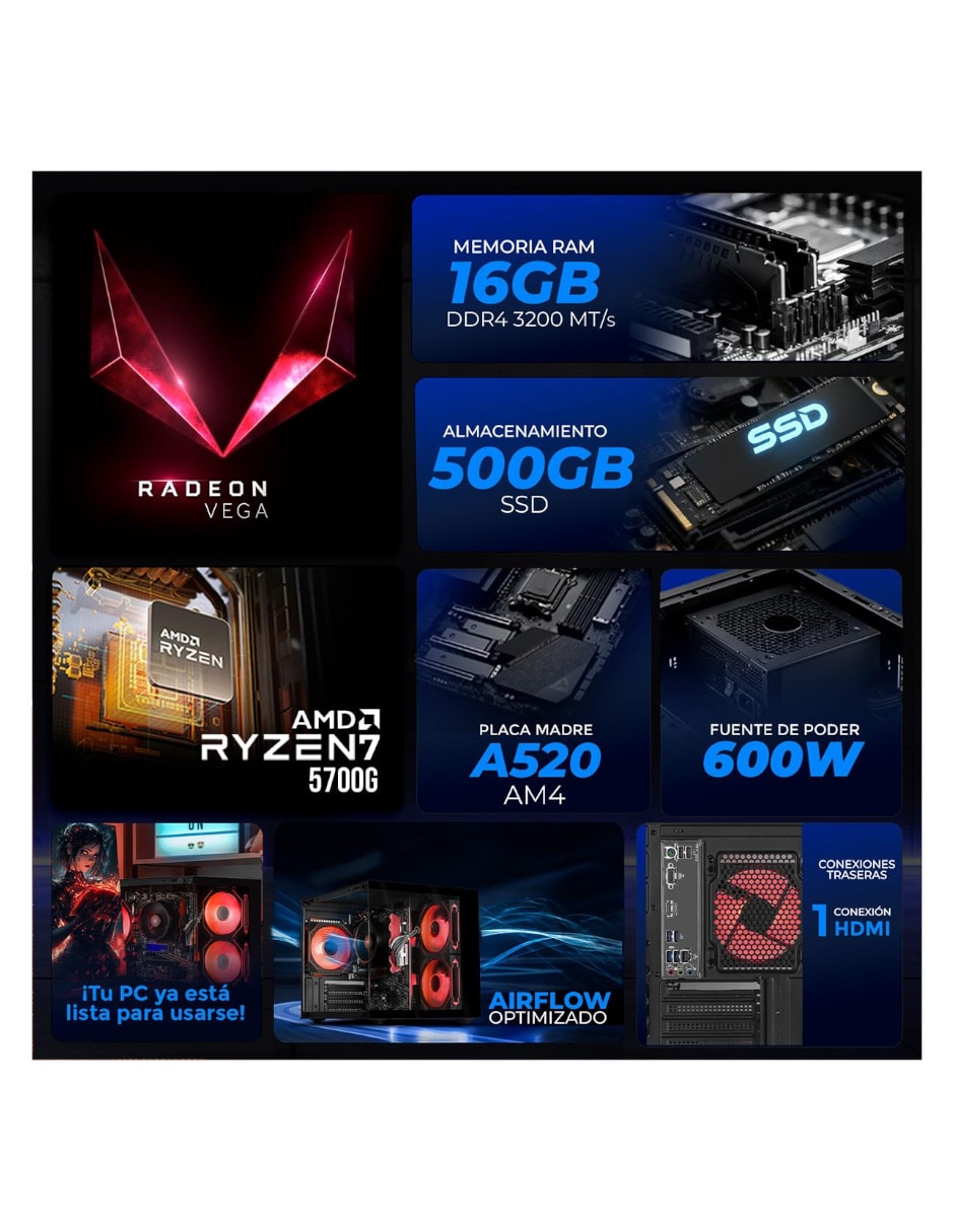 Computadora gamer XTBRR716GBRENOIRG AMD Ryzen 7 AMD Radeon Graphics 16 GB Ram 500 GB SSD 8