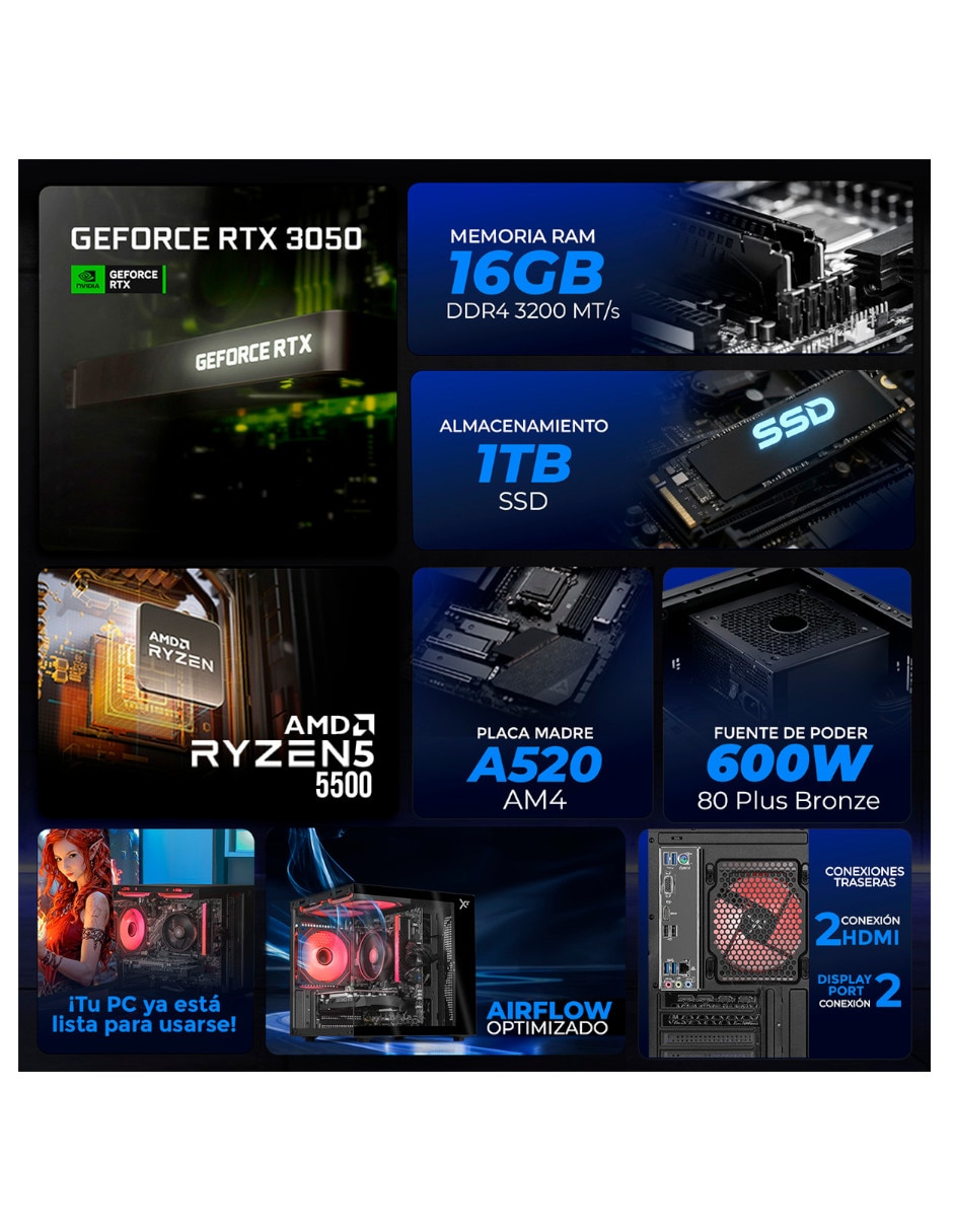 Computadora gamer xtbrr516gb3050n full hd amd ryzen 5 nvidia geforce rtx 3050 16 gb ram 1 tb ssd 5