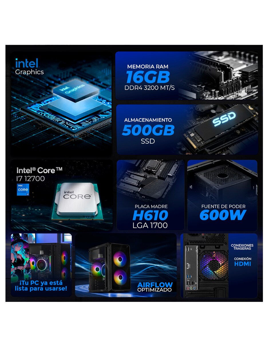 Computadora gamer XTPCI716GBHD770MB 27 pulgadas Full HD Intel Core i7 Intel UHD 770 16 GB RAM 500 GB SSD 5