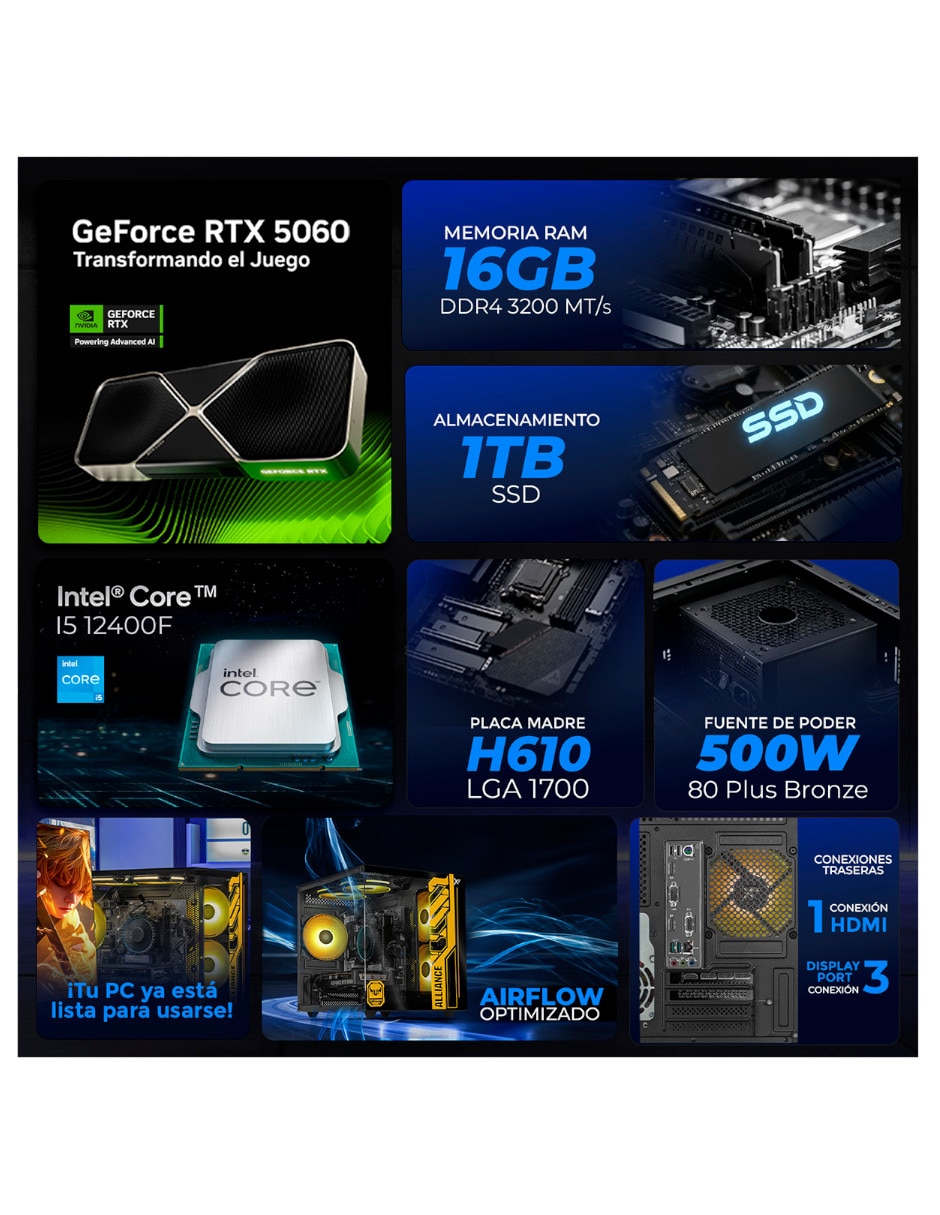 Computadora gamer XTPCI532GB4060AB Intel Core i5 NVIDIA GeForce RTX 5060 16 GB RAM 1 TB SSD Computadora gamer XTPCI532GB4060AB Intel Core i5 NVIDIA GeForce RTX 5060 16 GB RAM 1 TB SSD