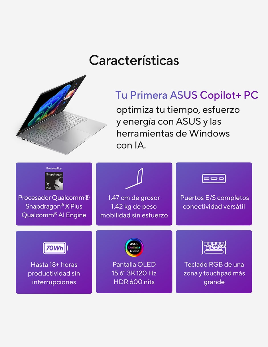 Laptop thin & light Vivobook S 15 OLED 15.6 pulgadas 3K Qualcomm Adreno 16 GB RAM 512 GB SSD 17