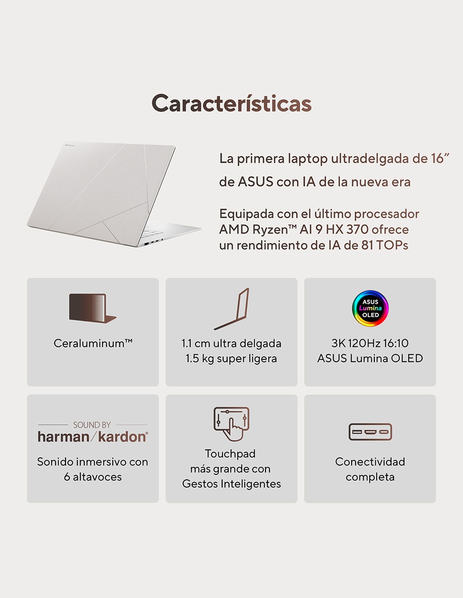 Laptop touch Zenbook S 16 16 pulgadas 3K AMD Ryzen AI 9 AMD Radeon 890M 32 GB RAM 1 TB SSD 11