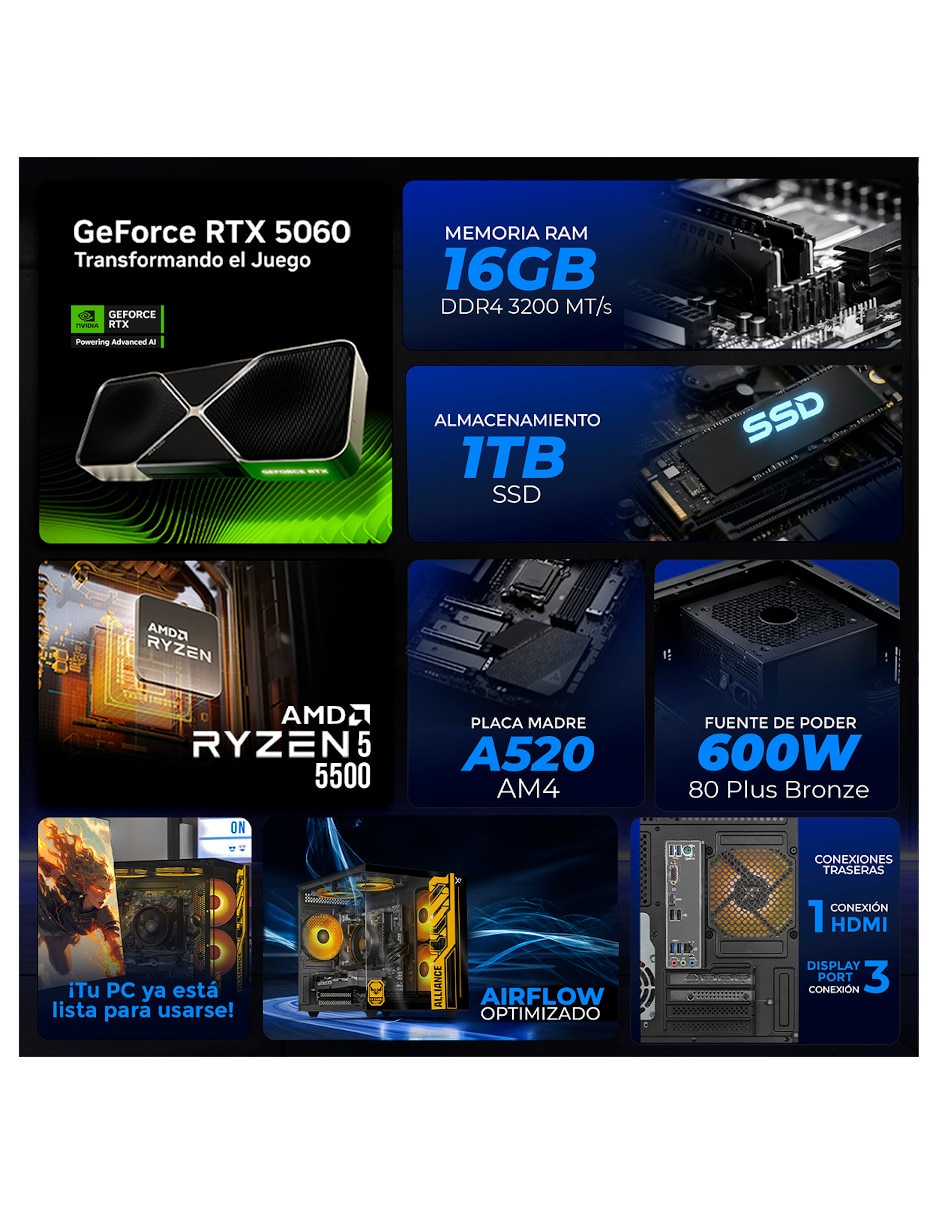 Computadora gamer xtpcr516gb4060tb amd ryzen 5 nvidia geforce rtx 5060 16 gb ram 1 tb ssd 5