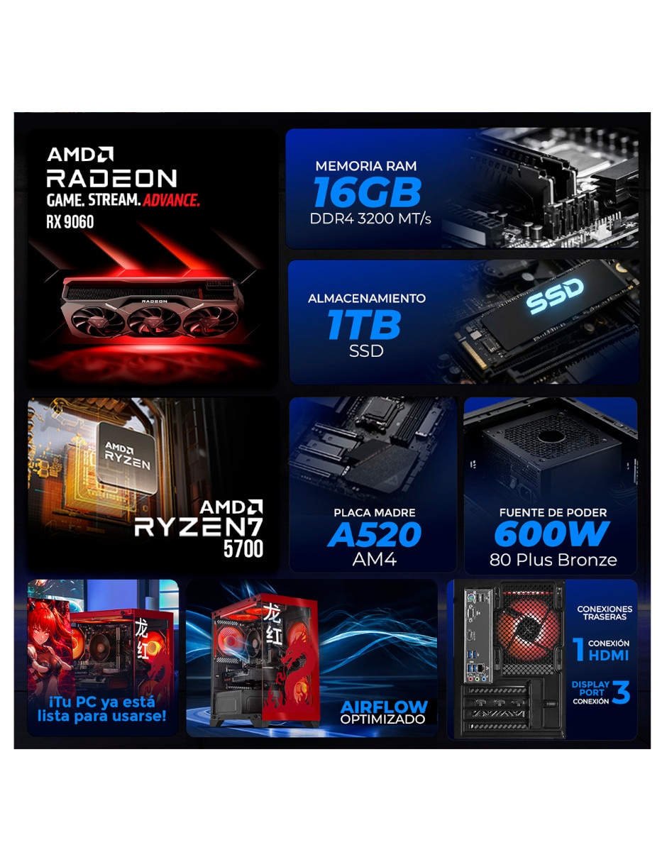 Computadora gamer Xtreme Pc Gaming XTPCR732GBRX7600SD AMD Ryzen 7 AMD Radeon RX 9060 16 GB RAM 1 TB SSD