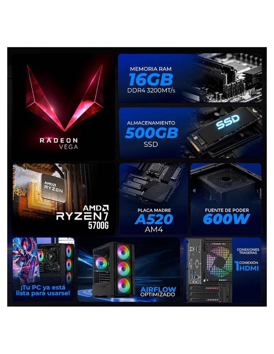 Computadora gamer XTPCR716GBVEGA8MDB 27 pulgadas Full HD AMD Ryzen 7 AMD Radeon 16 GB 500 GB 9