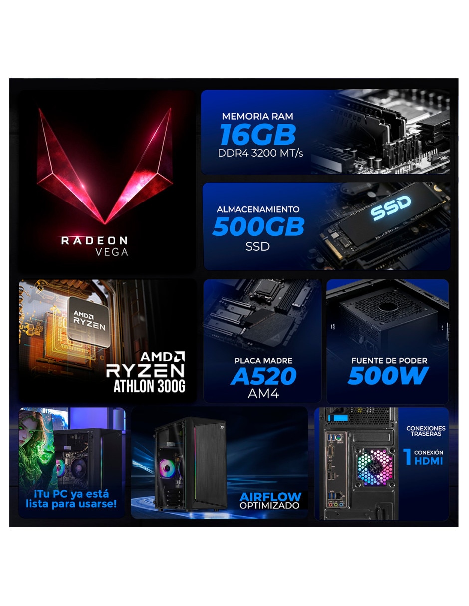 Computadora de escritorio Xtreme Lite AMD Athlon AMD Radeon Vega 3 16 GB RAM 500 GB SSD 5