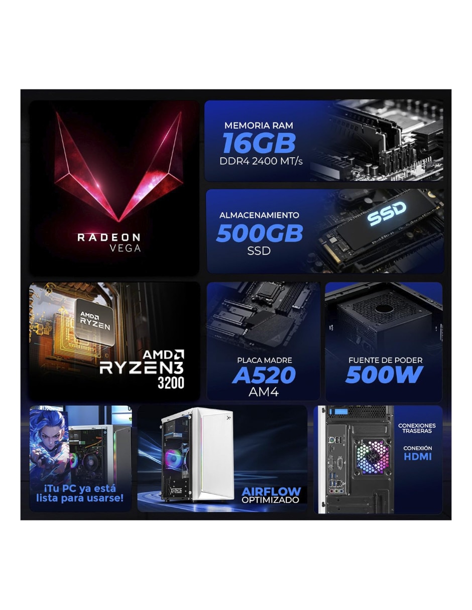 Computadora gamer XTPCR316GBVEGA8UW AMD Ryzen 3 AMD Radeon 16 GB RAM 500 GB SSD