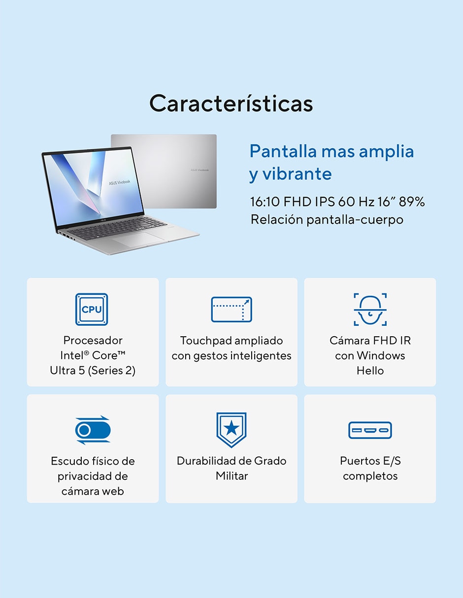 Laptop thin & light Asus Vivobook 16 16 pulgadas WUXGA Intel Core Ultra 5 16 GB RAM 512 GB SSD