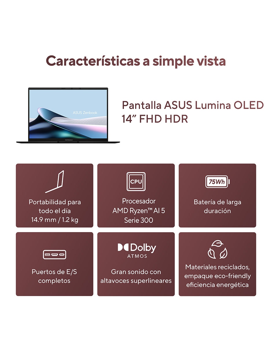 Laptop Asus Zenbook 14 pulgadas WUXGA AMD Ryzen AI 5 340 AMD Radeon 16 GB RAM 512 GB SSD