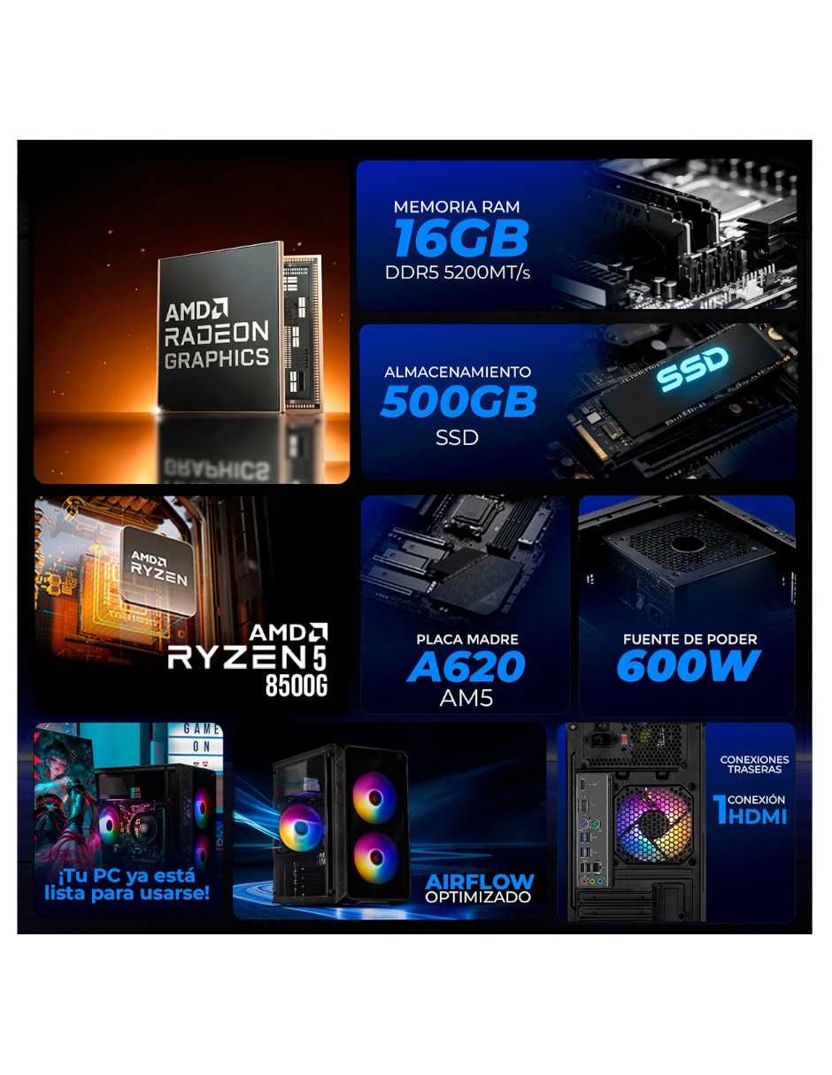 Computadora gamer XTPCR516GB5740MKB Full HD AMD Ryzen 5 AMD Radeon 16 GB RAM 500 GB SSD