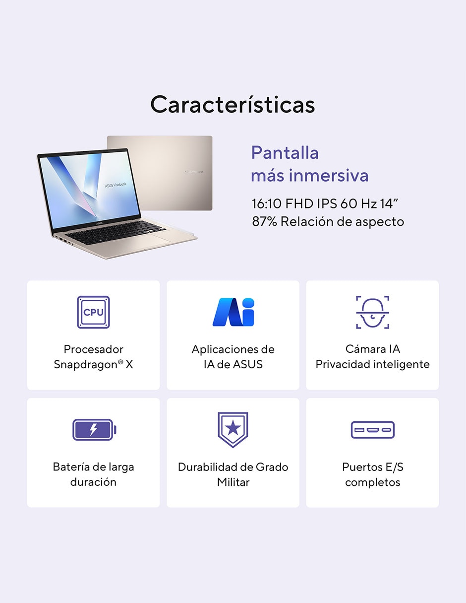 Laptop X1407QA-LY045W 14 pulgadas WUXGA Snapdragon X Qualcomm Adreno 16 GB RAM 512 GB SSD 12