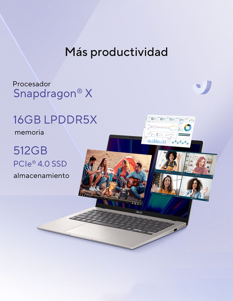 Laptop X1407QA-LY045W 14 pulgadas WUXGA Snapdragon X Qualcomm Adreno 16 GB RAM 512 GB SSD 3