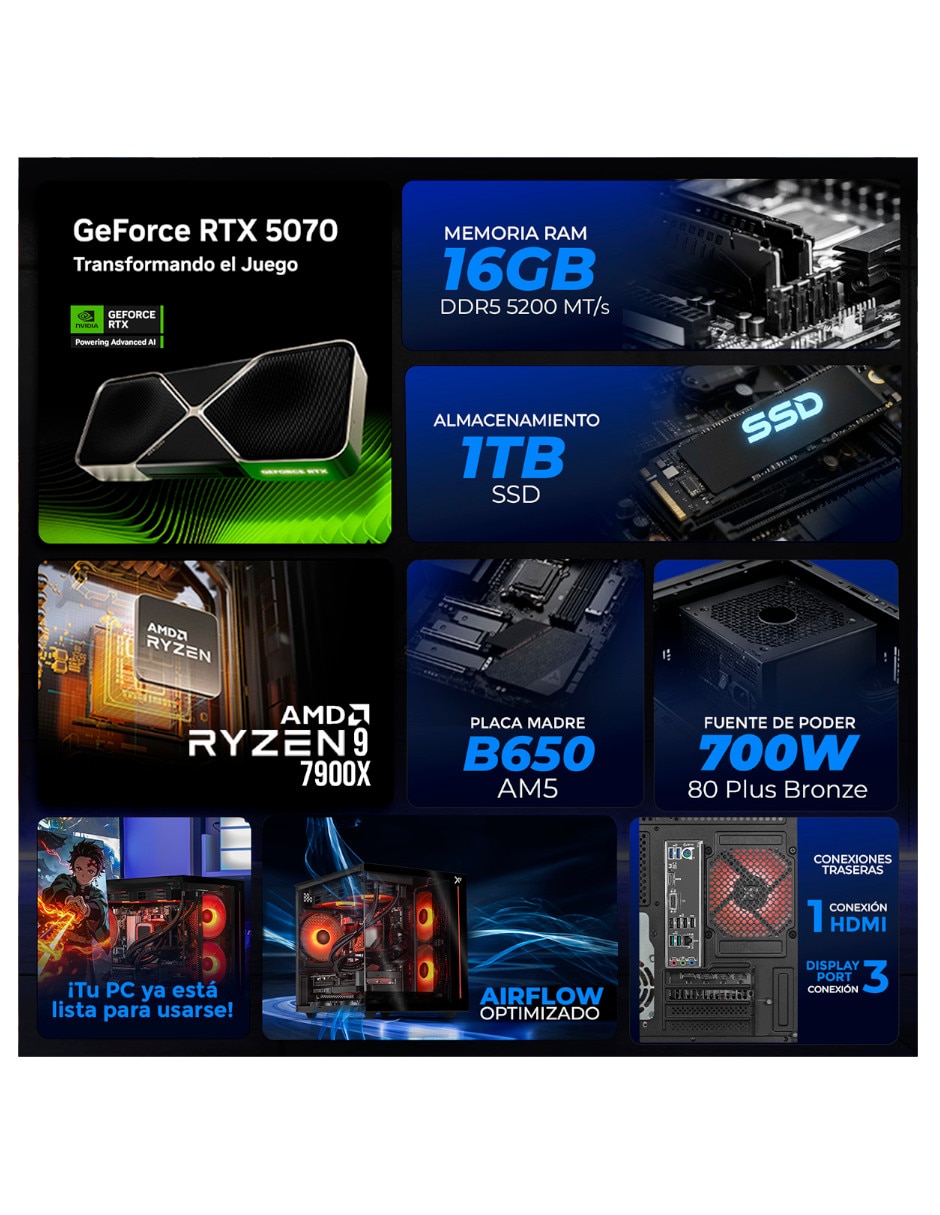Computadora gamer XTBRR932GB55070TPB Full HD AMD Ryzen 9 NVIDIA GeForce RTX 5070 32 GB RAM 1 TB SSD