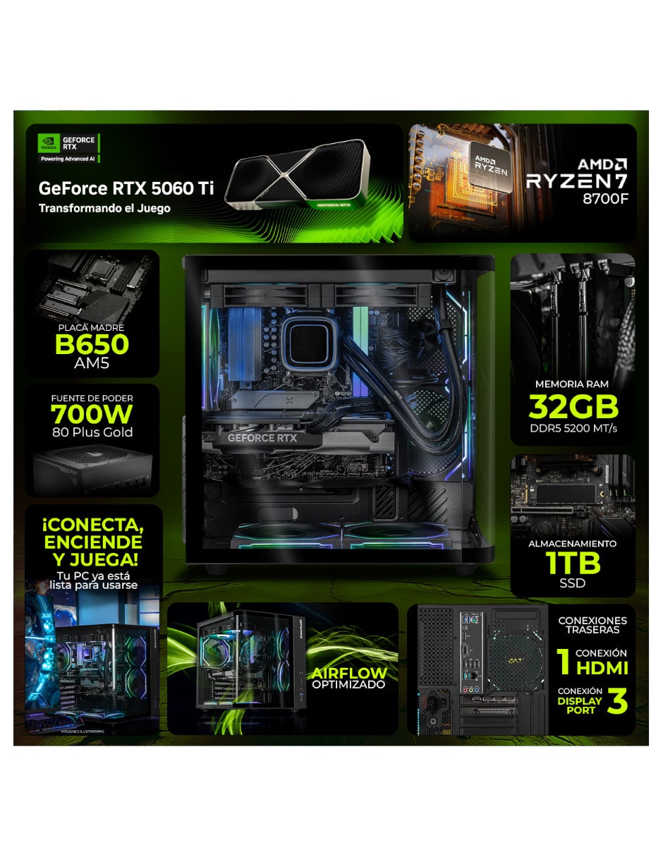 Computadora gamer Dxt Gaming DXTR732GB55060TIT6 AMD Ryzen 7 NVIDIA GeForce RTX 5060 Ti 32 GB RAM 1 TB SSD