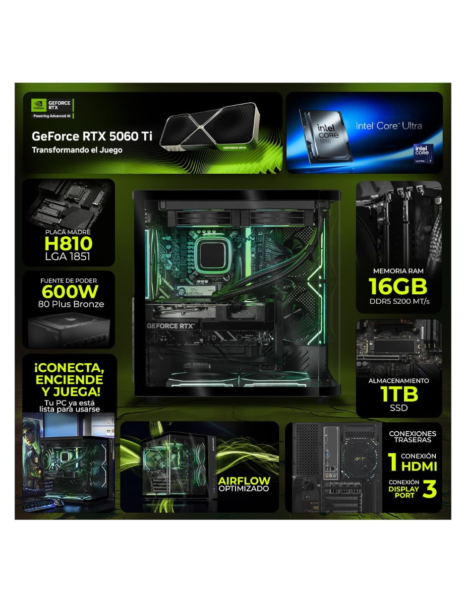Computadora gamer DXTR532GB55060TIT7 Intel core ultra 7 NVIDIA GeForce RTX 5060 Ti 16 GB 1 TB 5