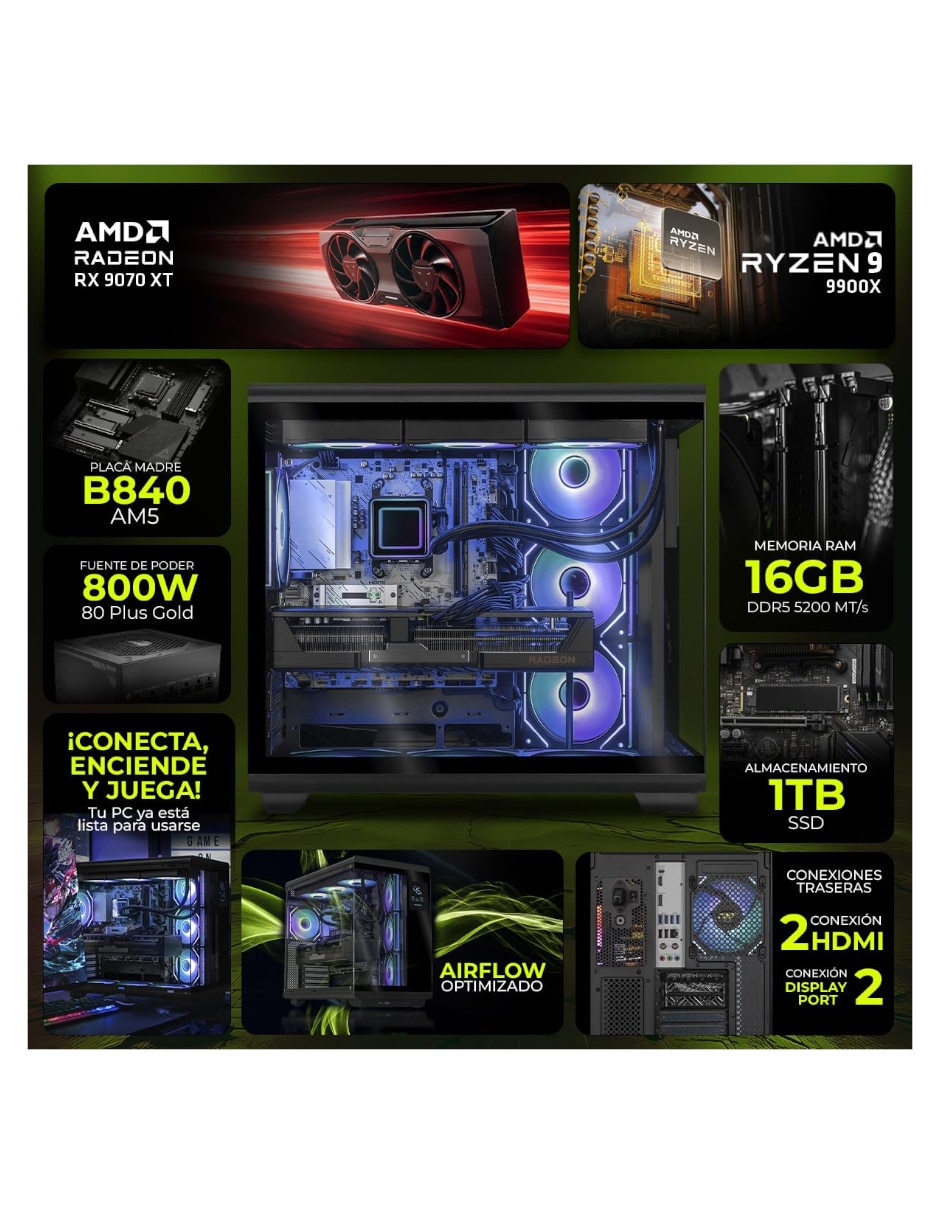 Computadora gamer DXTR932GB59070T6 AMD Ryzen 9 AMD Radeon RX 9070 XT 32 GB RAM 1 TB SSD