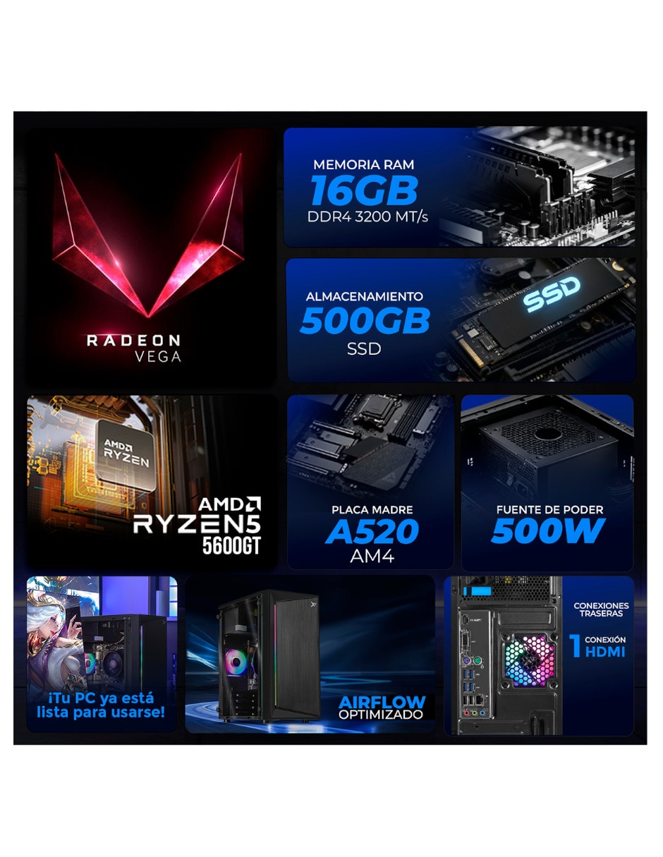 Computadora gamer XTACR516GBVEGA7MKB 23.8 pulgadas Full HD AMD Ryzen 5 AMD Radeon Graphics 16 GB RAM 500 GB SSD