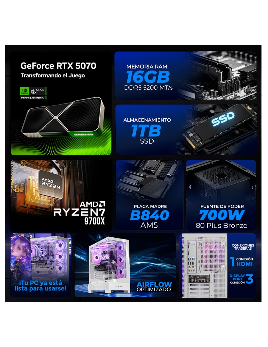 Computadora gamer XTPBAR732GB55070W AMD Ryzen 7 NVIDIA GeForce RTX 5070 32 GB RAM 1 TB SSD