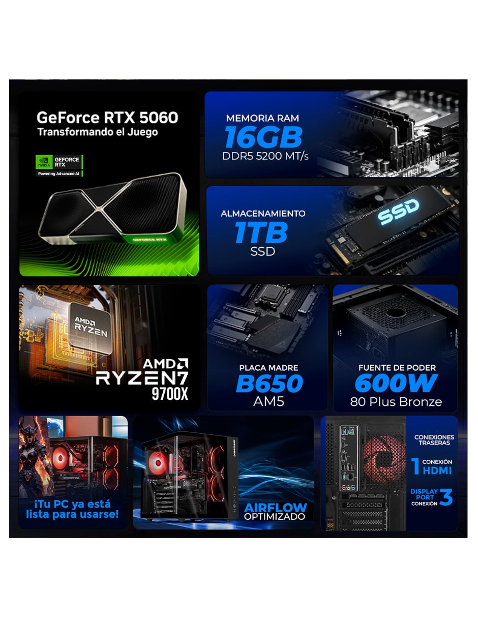 Computadora gamer XTBRR732GB55060TEB AMD Ryzen 7 Nvidia Geforce RTX 5060 16 GB RAM 1 TB SSD