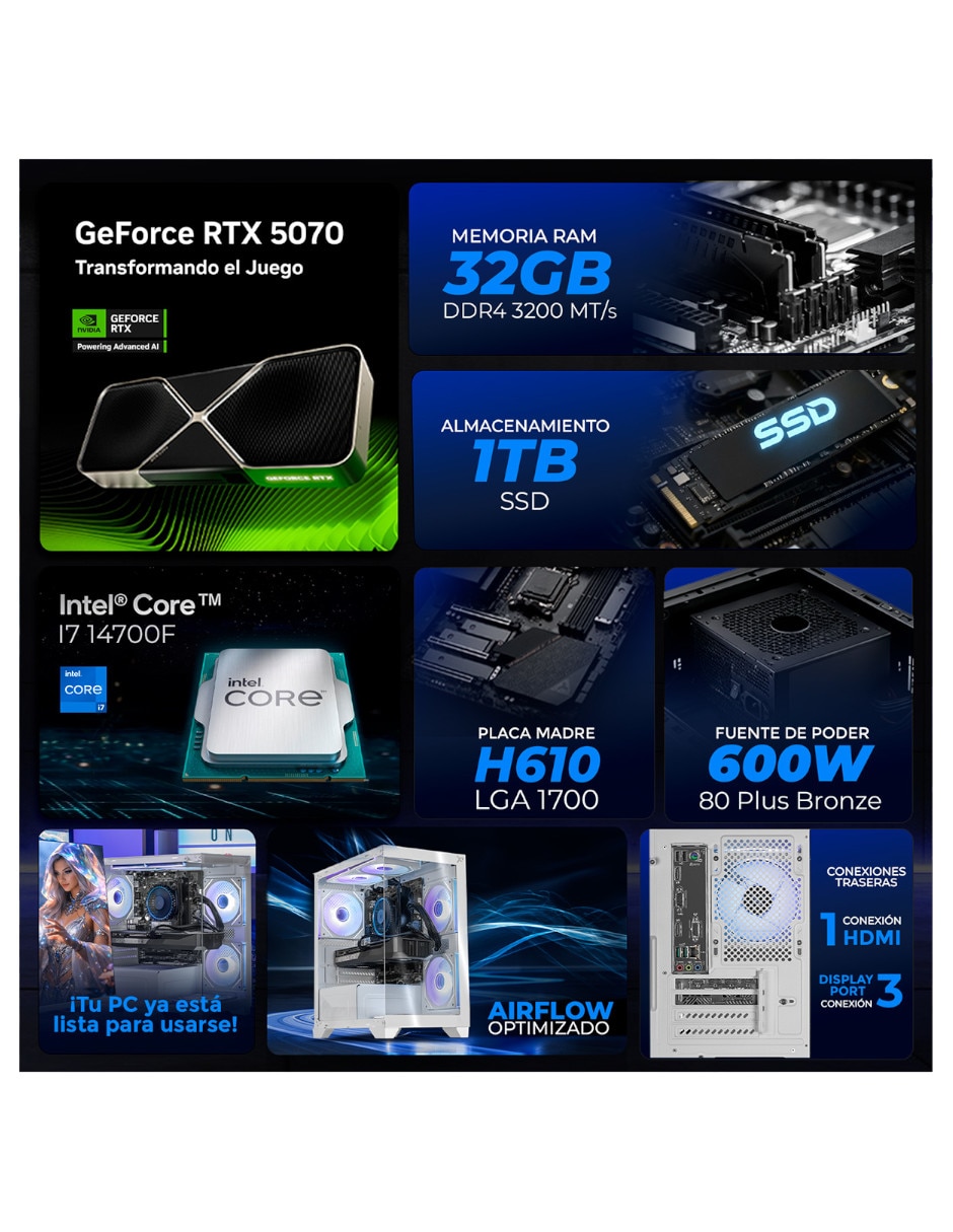 Computadora gamer XTPCI732GB5070NW Intel Core i7 NVIDIA GeForce RTX 5070 32 GB RAM 1 TB SSD