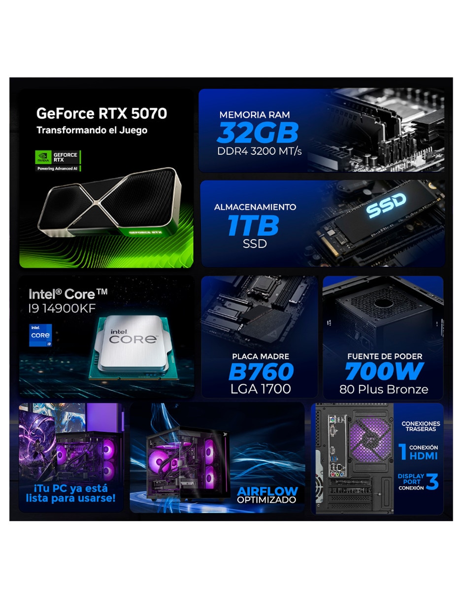 Computadora gamer Xtreme PC Gaming XTBRI932GB5070TPB Intel Core i9 Nvidia GeForce RTX 5070 32 GB RAM 1 TB SSD
