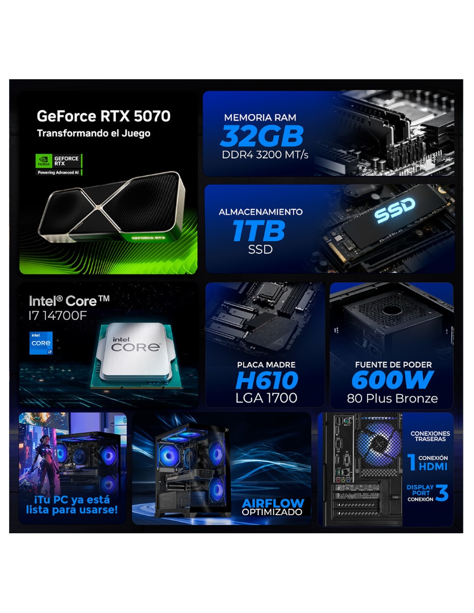 Computadora gamer XTPCI732GB5070NB Intel Core i7 NVIDIA GeForce RTX 5070 32 GB RAM 1 TB SSD 2