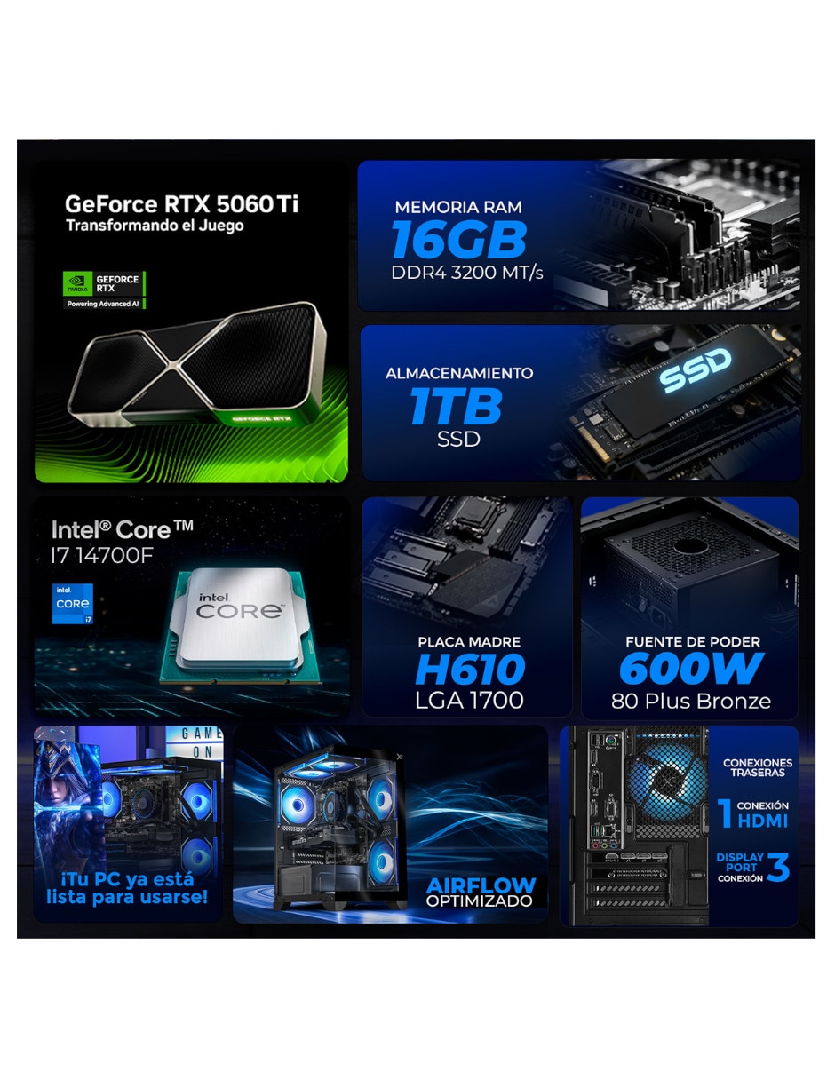 Computadora gamer Xtreme Pc Gaming XTPCI732GB5060TINB Intel Core i7 NVIDIA GeForce RTX 5060 Ti 16 GB RAM 1 TB SSD