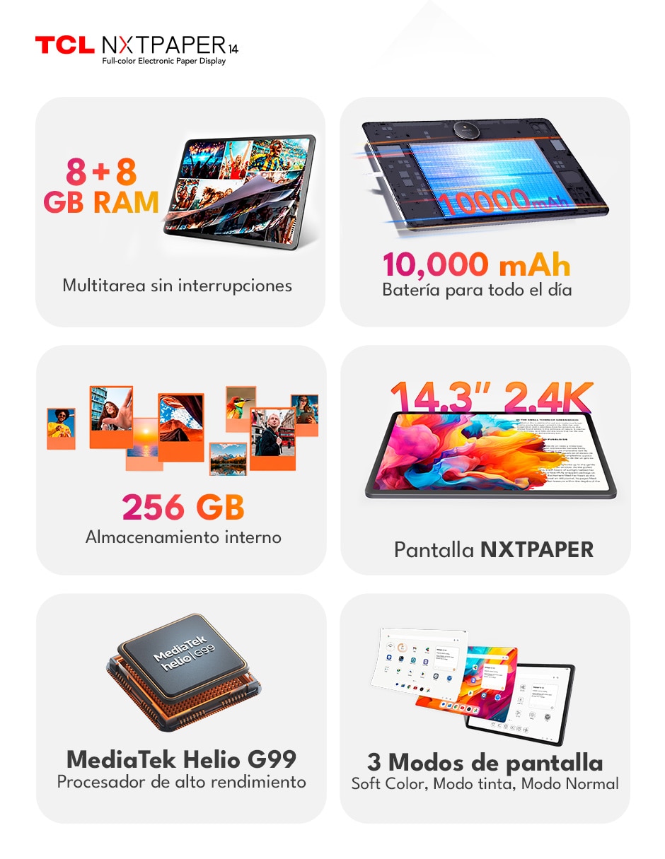 Tablet Tcl NXTPAPER 14 pulgadas 256 GB de almacenamiento de 8 GB RAM