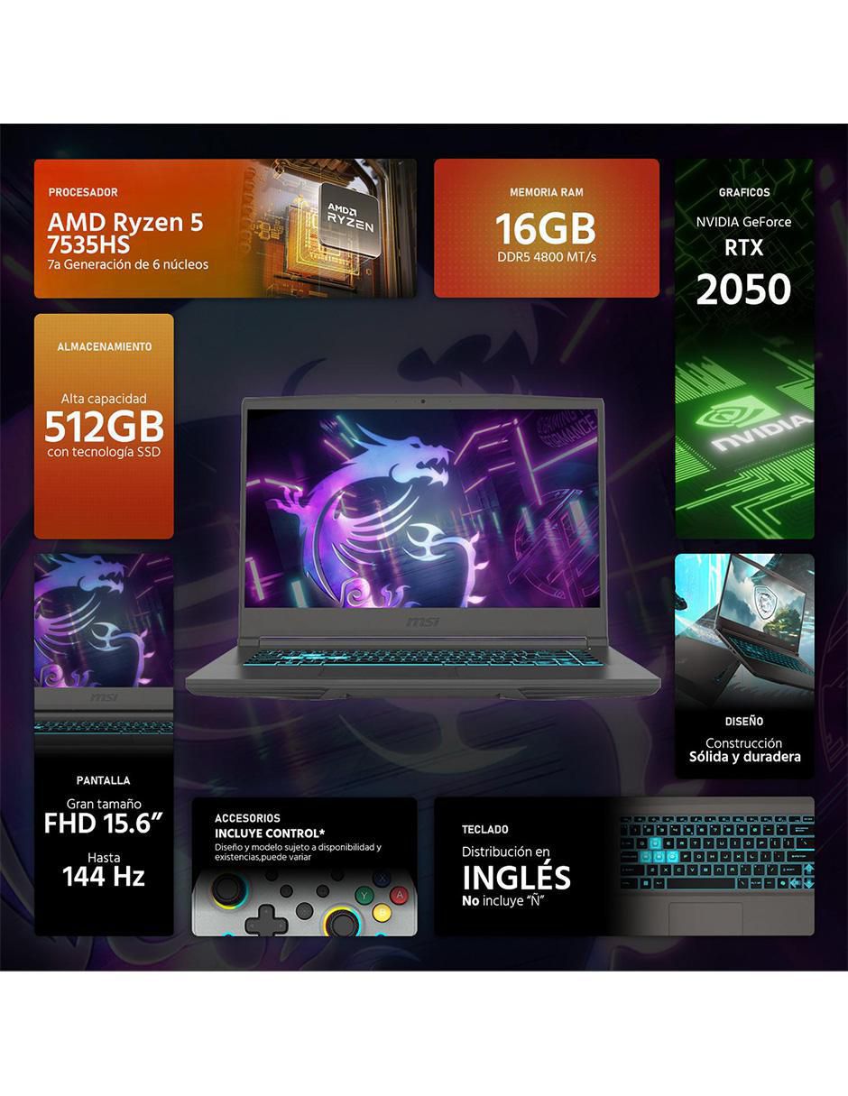 Laptop gamer no msi thin a15 15.6 pulgadas full hd amd ryzen 5 nvidia geforce rtx 2050 16 gb "ram" no aplica 512 gb ssd no aplica