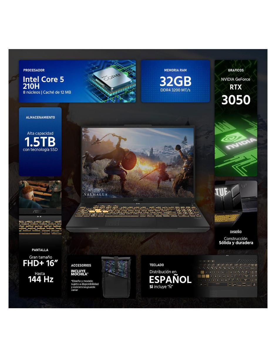 Laptop gamer TUF Gaming F16 16 pulgadas Full HD+ Intel Core 5 210H NVIDIA GeForce RTX 3050 32 GB RAM 1.5 TB 3
