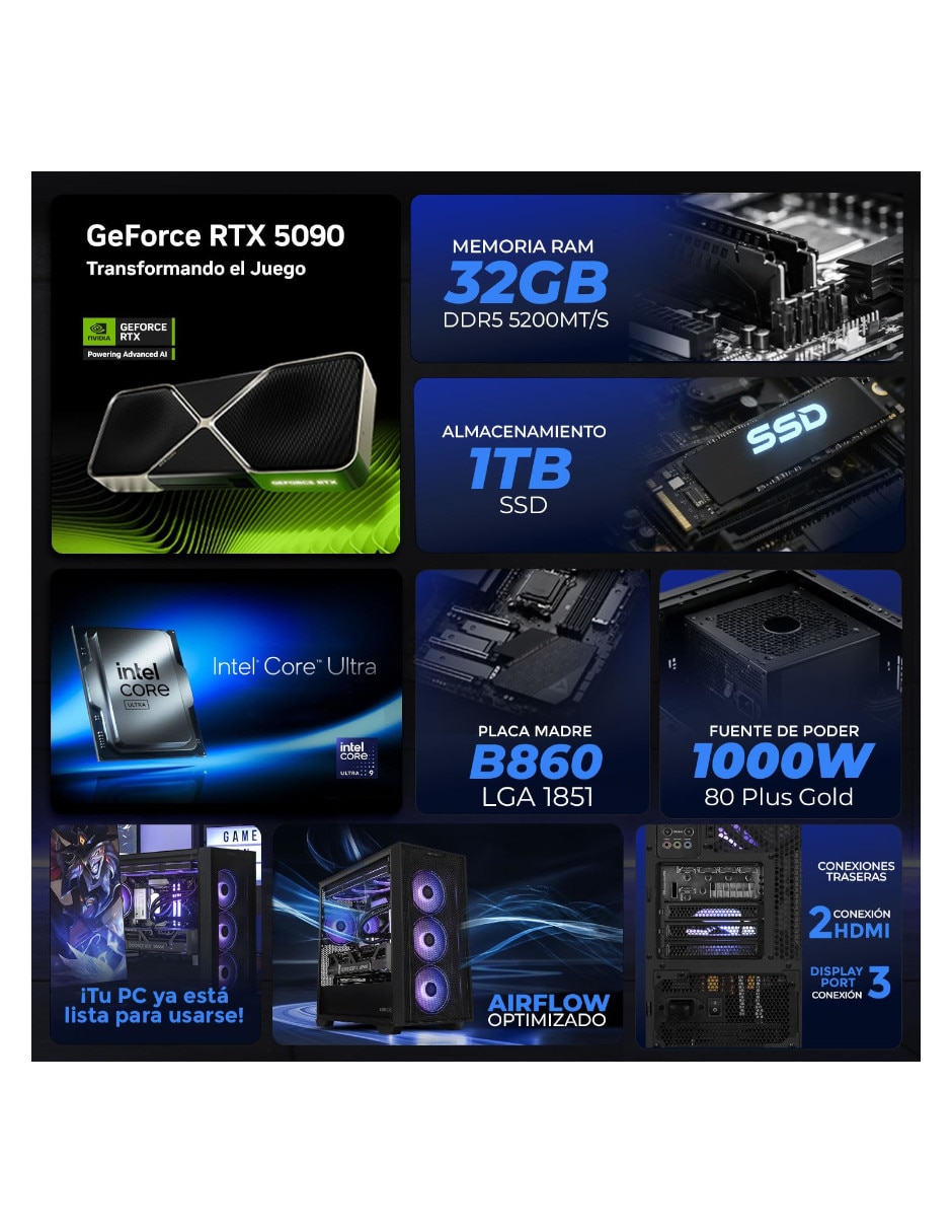 Computadora gamer XTPBAU964GB55090MA21B 27 pulgadas QHD Intel core ultra 9 285k NVIDIA GeForce RTX 5090 64 GB RAM 2 TB SSD 17