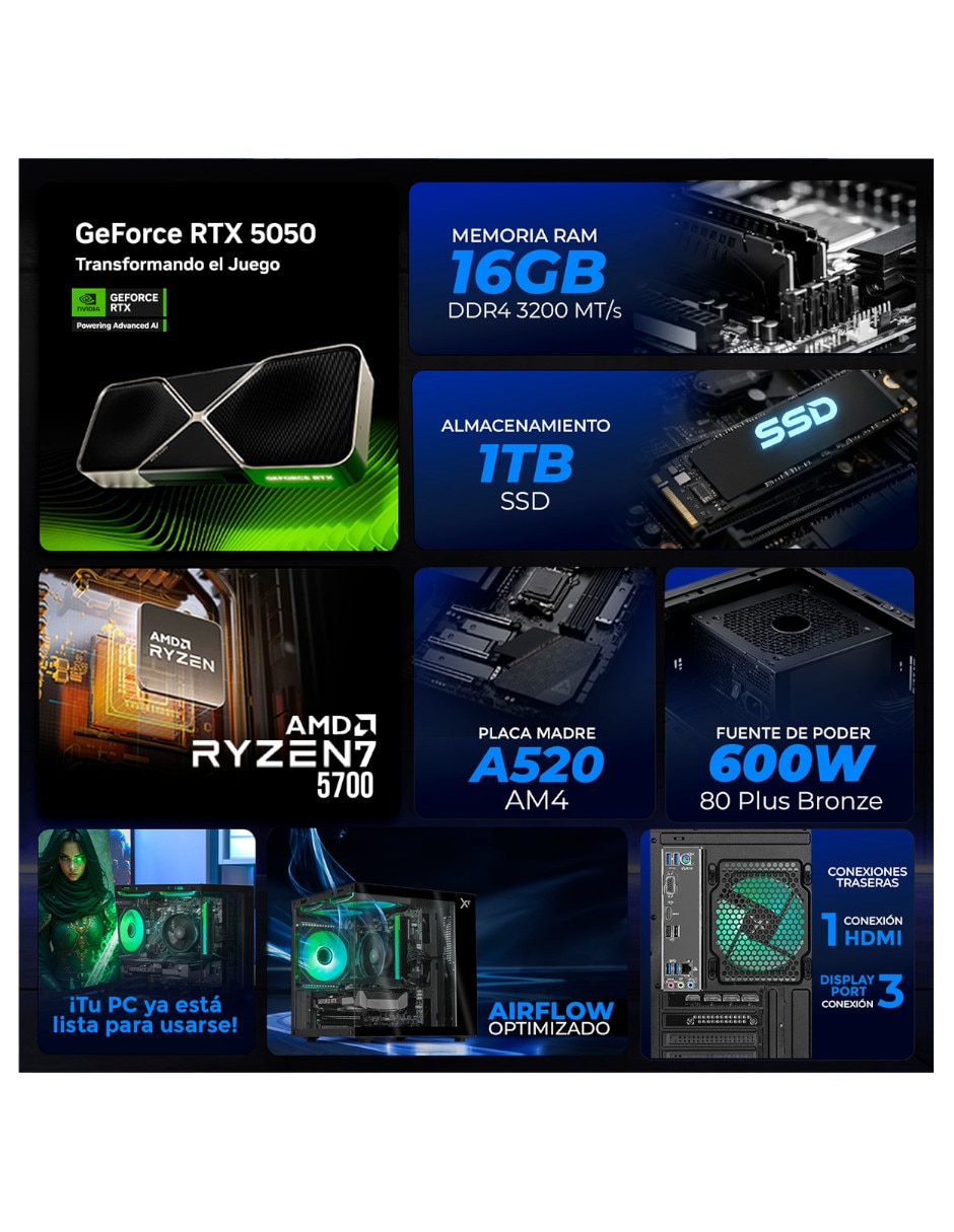 Computadora gamer xtpcr732gb5050nb amd ryzen 7 nvidia geforce rtx 5050 16 gb ram 1 tb ssd 5