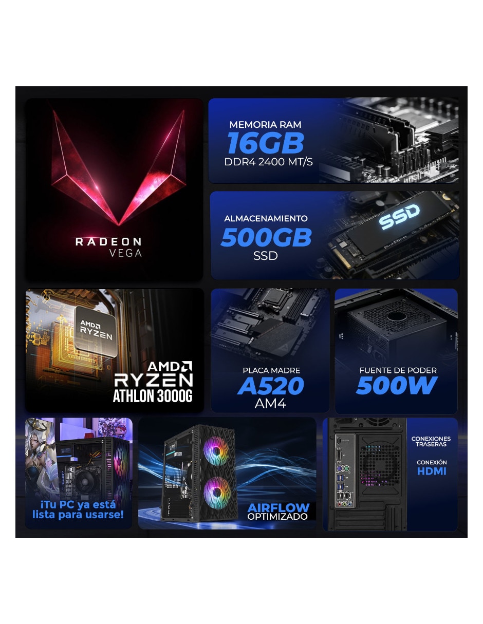 Computadora gamer XTPCAT16GBVEGA3MFB 21.5 pulgadas Full HD AMD Athlon AMD Radeon Vega 3 16 GB RAM 500 GB SSD 8