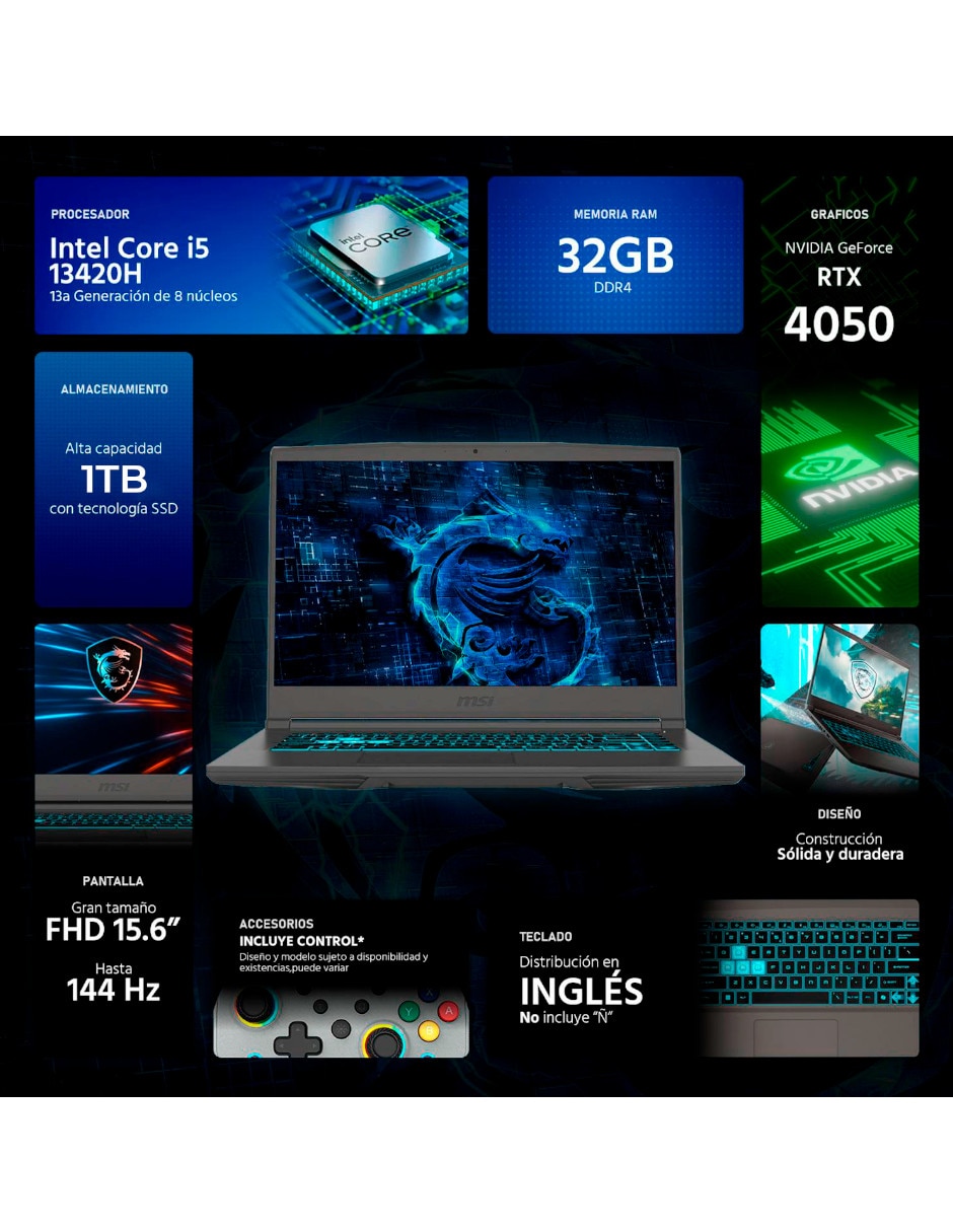 Laptop gamer Thin 15 15.6 pulgadas Full HD Intel Core i5 Nvidia GeForce RTX 4050 32 GB RAM 1.5 TB SSD 9