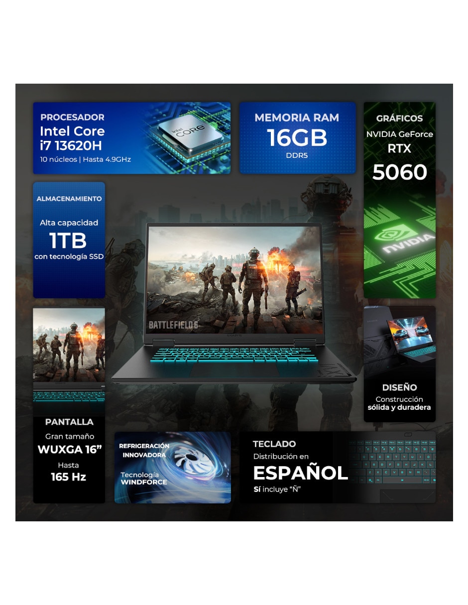 Laptop gamer Gigabyte Gaming A16 16 pulgadas WUXGA Intel Core i7 NVIDIA GeForce RTX 5060 16 GB RAM 1 TB SSD