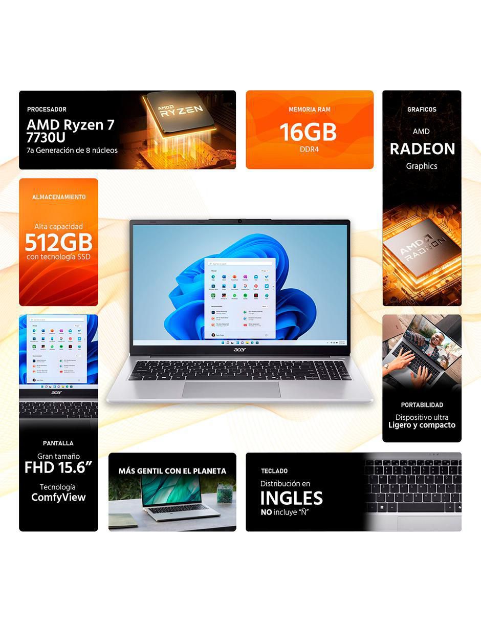 Laptop Aspire 3 15.6 pulgadas Full HD AMD Ryzen 7 AMD Radeon Graphics 16 GB RAM 512 GB SSD 2