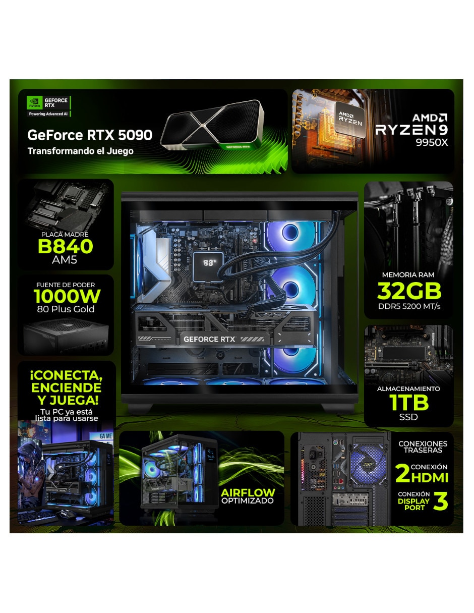Computadora gamer DXTR964GB55090MT6 34 pulgadas UWQHD AMD Ryzen 9 NVIDIA GeForce RTX 5090 32 GB RAM 1 TB
