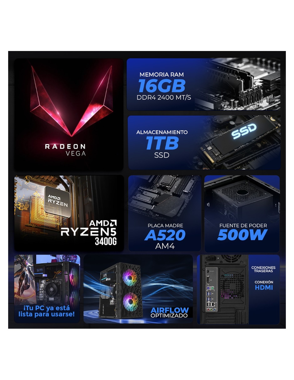 Computadora gamer XTPCR516GBVEGA11MFB 23.8 pulgadas Full HD AMD Ryzen 5 AMD Radeon Vega 11 16 GB RAM 1 TB SSD 3