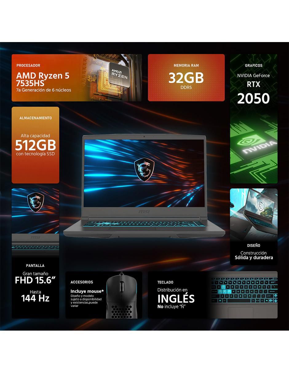Laptop gamer Thin A15 15.6 pulgadas Full HD AMD Ryzen 5 NVIDIA GeForce RTX 2050 32 GB RAM 512 GB SSD 2