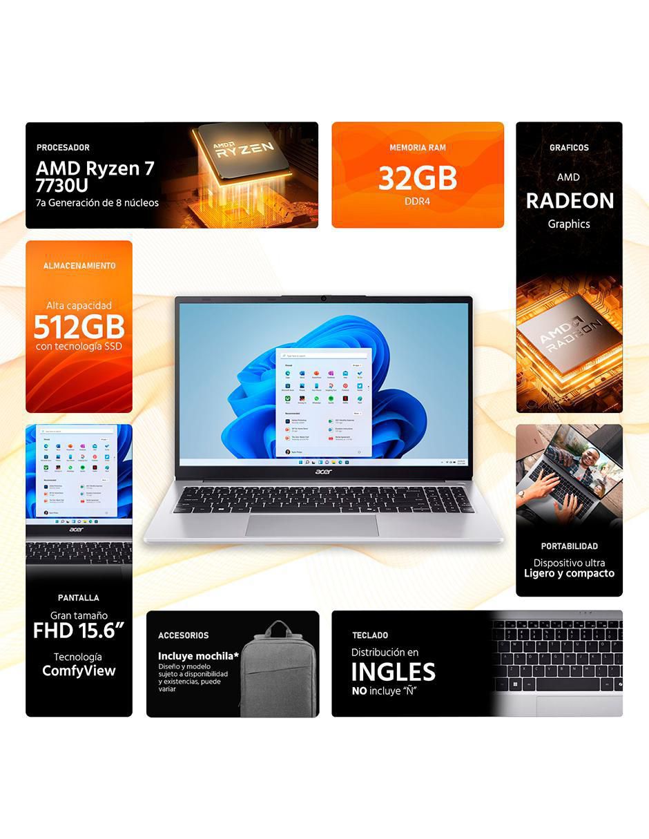 Laptop aspire 3 15.6 pulgadas full hd amd ryzen 7 amd radeon 32 gb ram 512 gb ssd 5