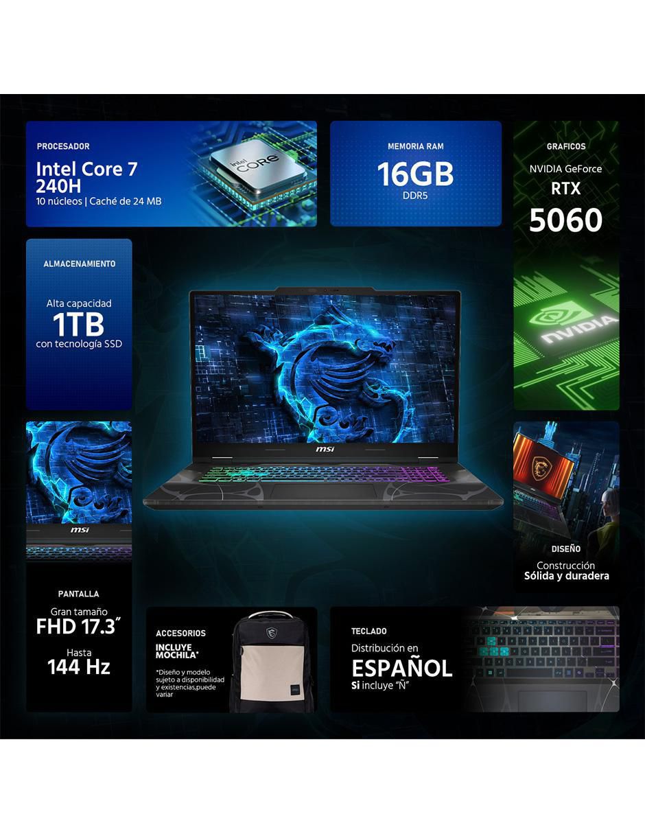 Laptop gamer MSI Cyborg 17 17.3 pulgadas Full HD Intel Core 7 240h NVIDIA GeForce RTX 5060 16 GB RAM 1 TB SSD