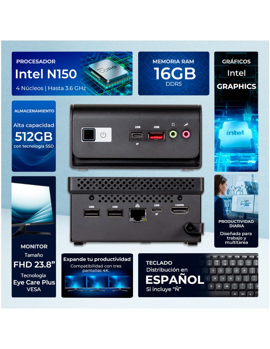 Mini pc NUC 14 Essential Intel N150 integrada 16 GB RAM 512 GB SSD 11