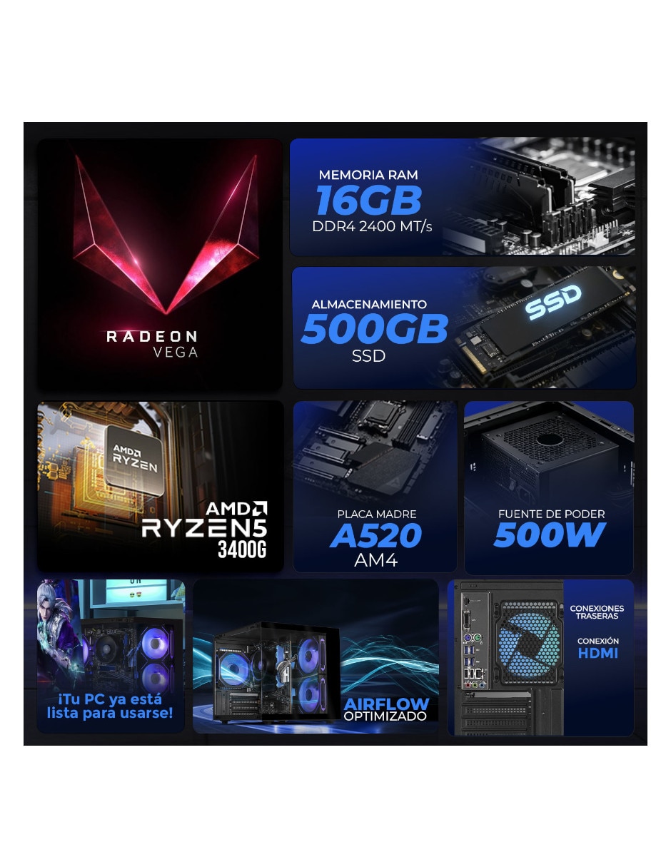 Computadora gamer XTBRR516GBVEGA11MTGB 24 pulgadas Full HD AMD Ryzen 5 AMD Radeon Vega 11 16 GB RAM 500 GB SSD 15