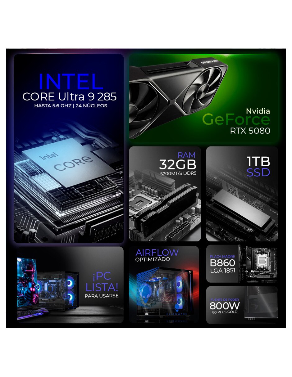 Computadora gamer xtpcu932gb55080maev2 32 pulgadas qhd intel core ultra 9 285 nvidia geforce rtx 5080 32 gb ram 1 tb ssd 6