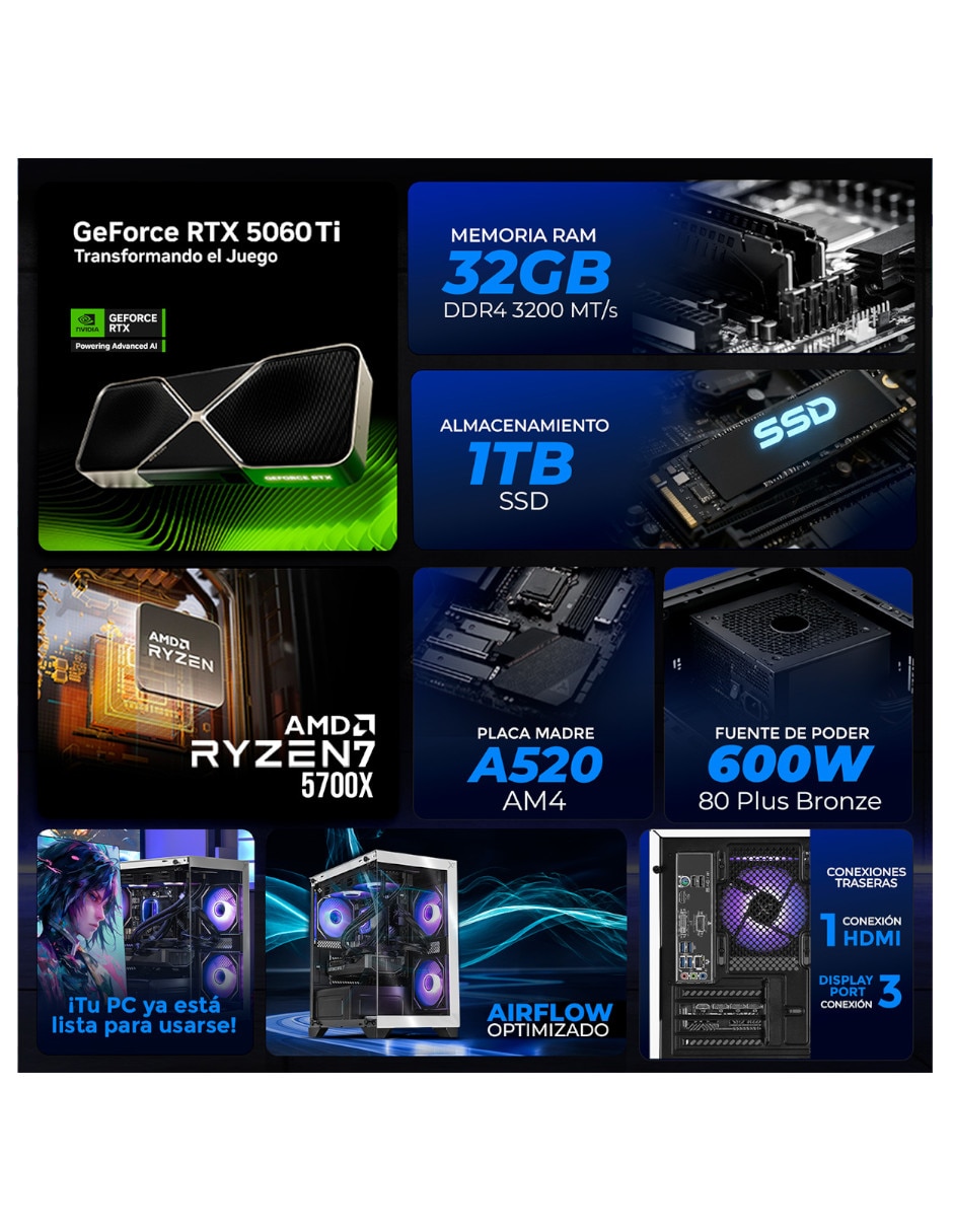Computadora Gamer Xtpcr732gb5060tichbwincluye Monitorincluye Monitor AMD Ryzen 7 Nvidia Geforce Rtx 5060 Ti 32 GB RAM 1 TB SSD 8